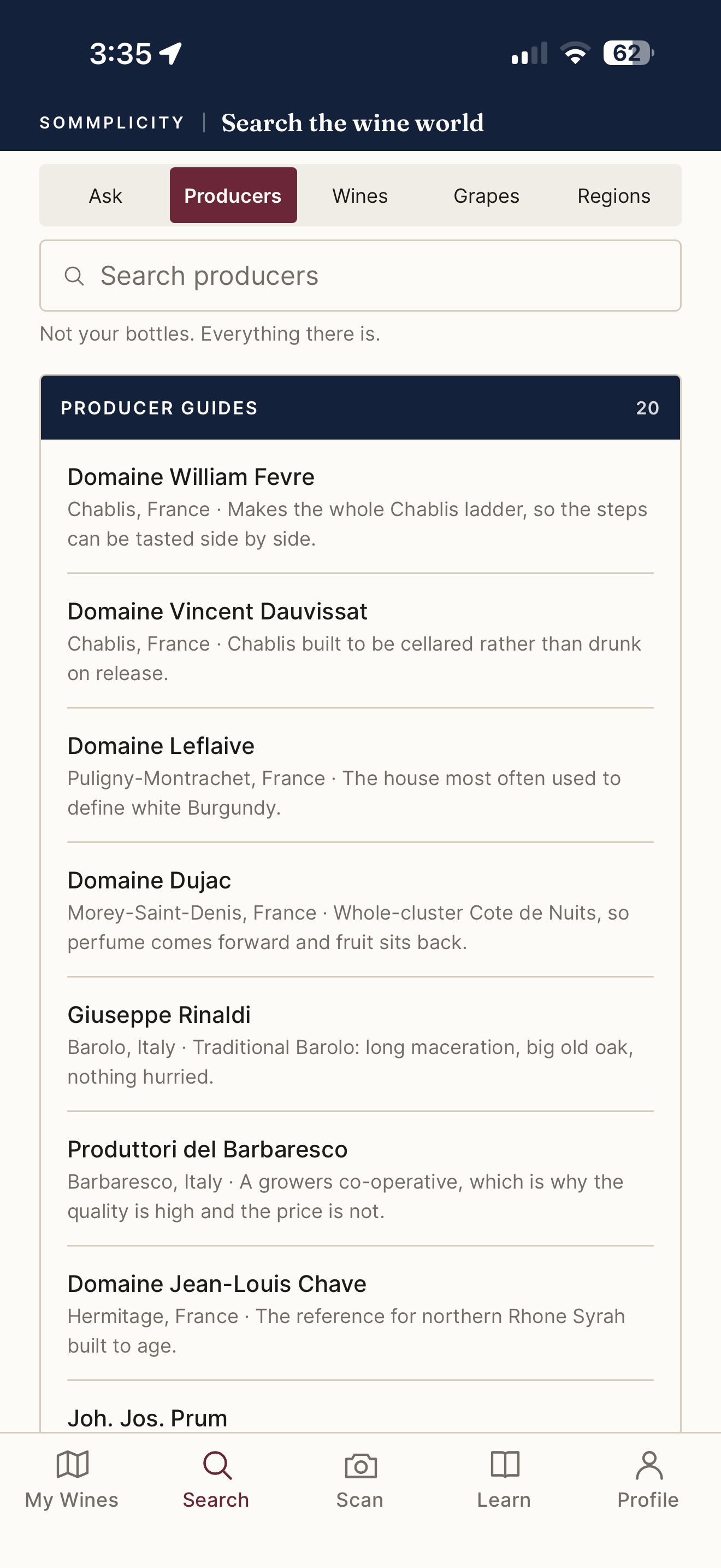 Sommplicity Producer Guides showing a searchable list of wine producers