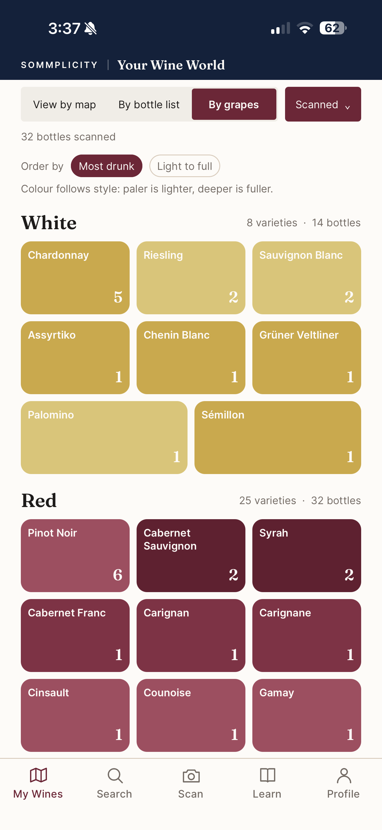 Wine history organized by grape in Sommplicity