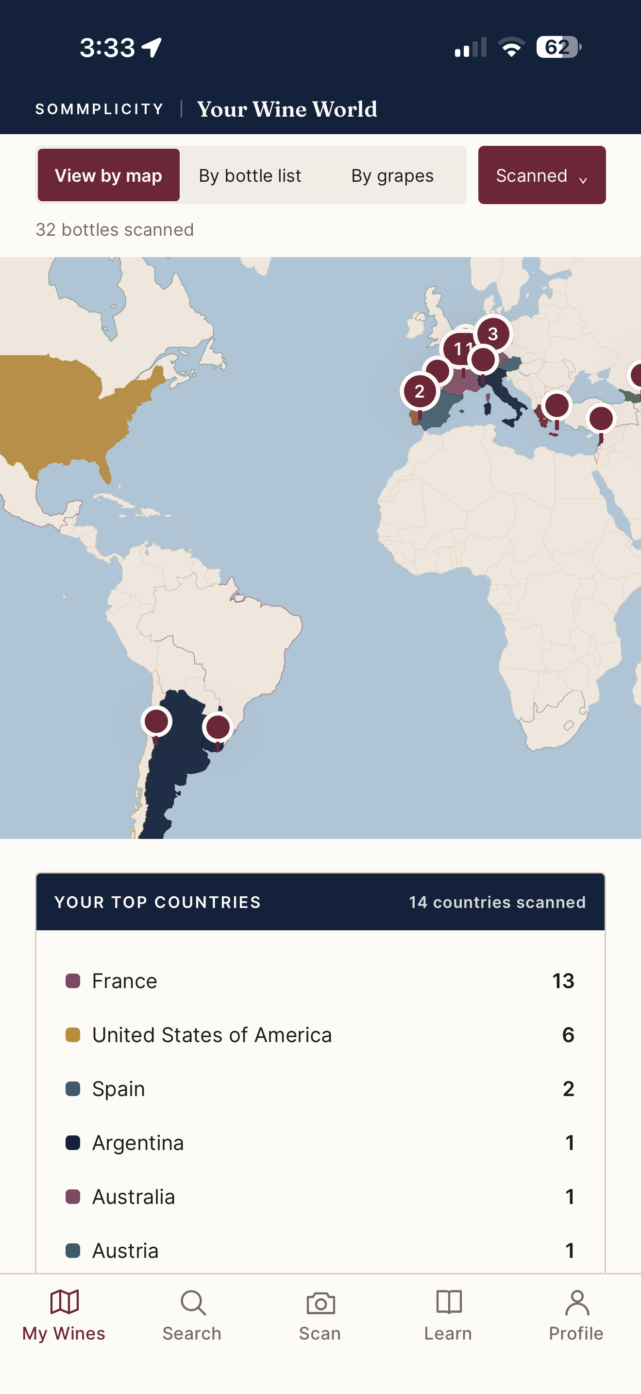 Personal world map of saved wines in Sommplicity